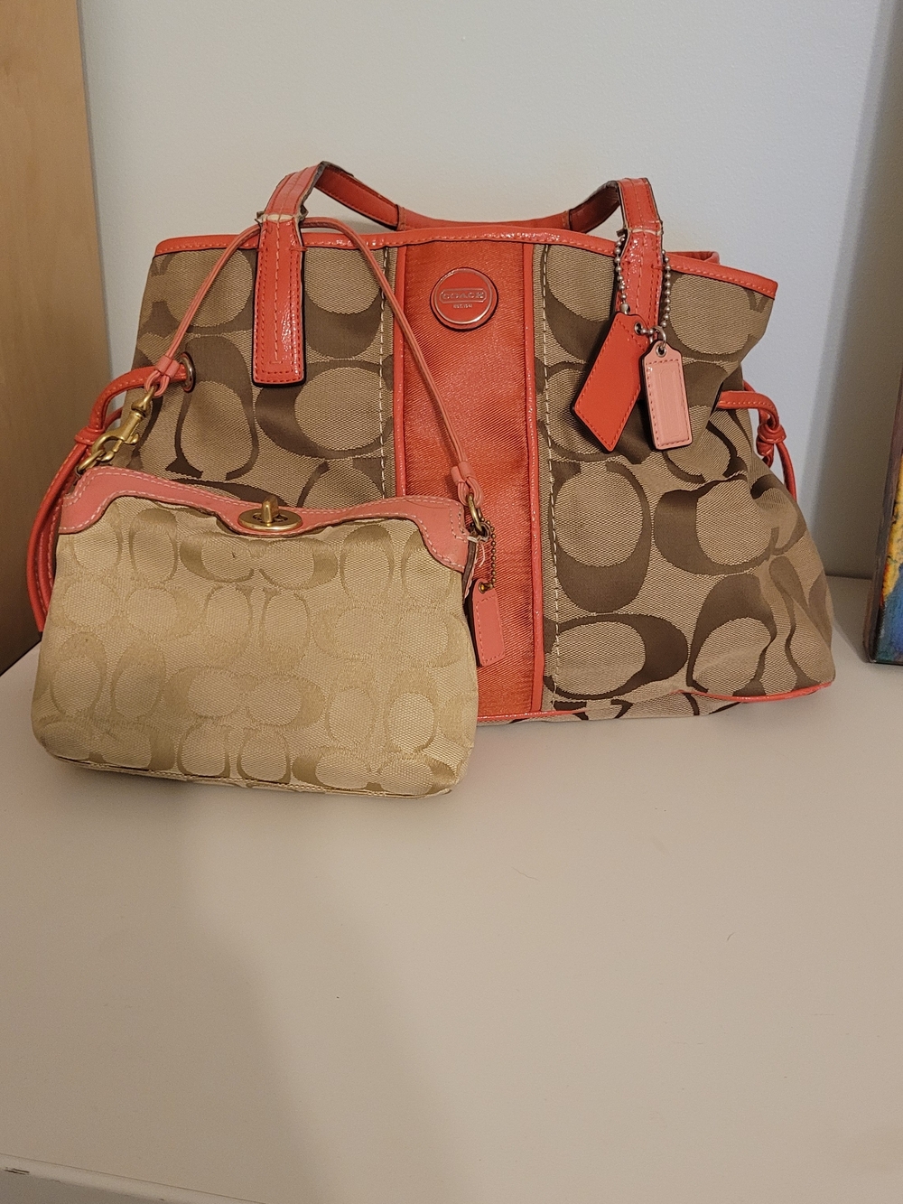 Coach Signature Canvas Tote with Coral Trim and Wristlet